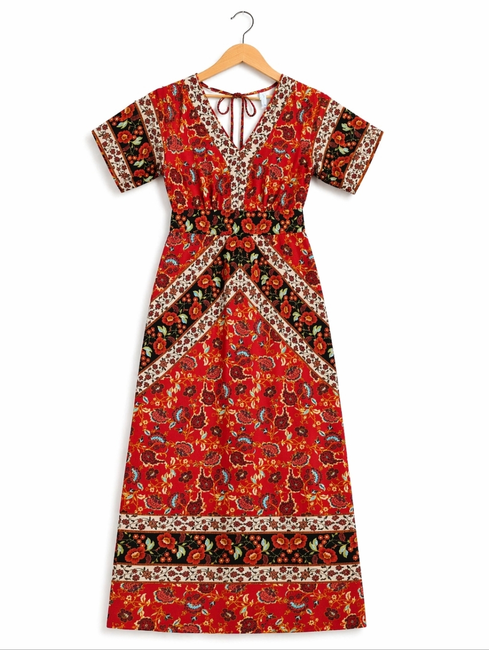 Xhilaration Red Floral V-Neck Maxi Dress with Black & Cream Accents